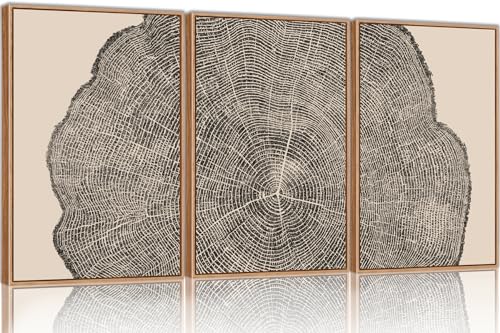 SIKERIC 3 Piece Wood Tree Ring Wall Art, (16X24 inch) Black and White Print Wall Art Set, Large Framed Canvas Art Wall Decor, Modern Abstract Nature Art Paintings for Living Room, Bedroom, Office - Image 1