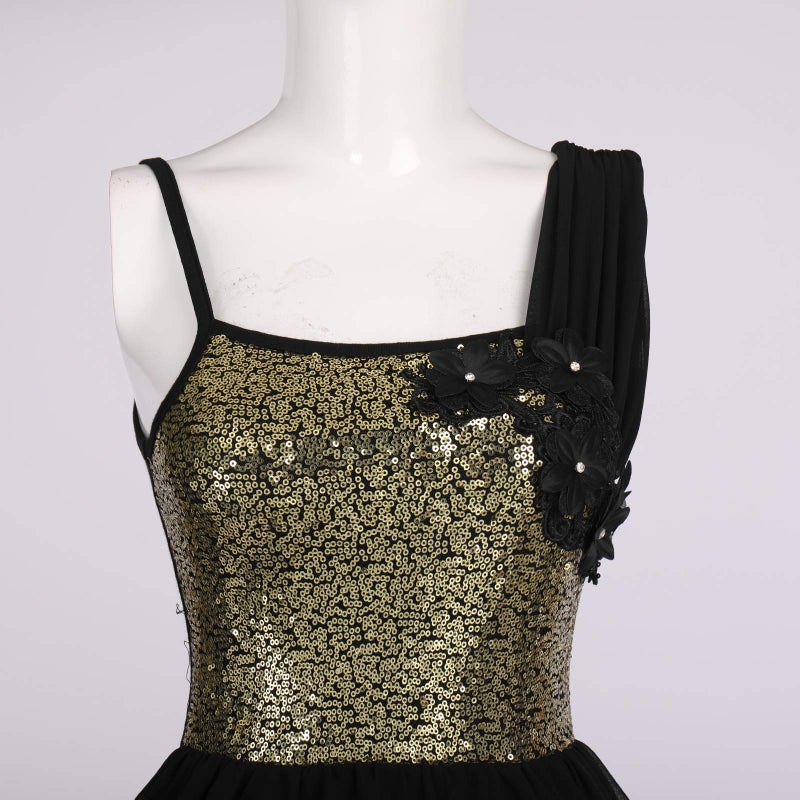 ODASDO Women Lyrical Dance Dress Modern Contemporary Ballet Costume Ballroom Dancewear Flower Applique Shiny Sequins Spaghetti Strap Asymmetric Chiffon Flowy Skirt Tank Bodysuit Clothes Black XS - Image 2