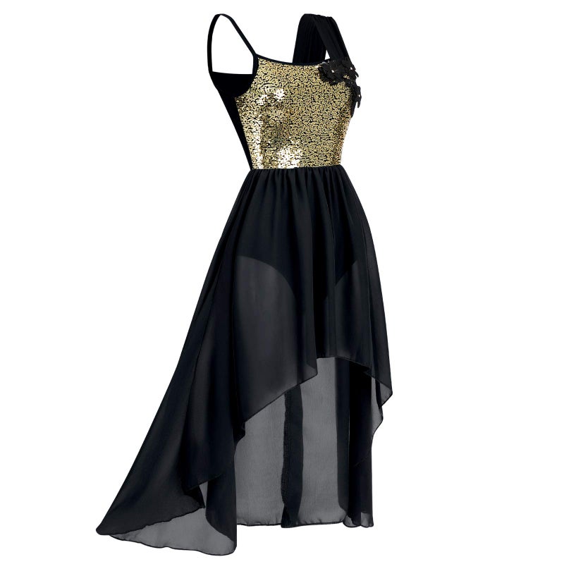 ODASDO Women Lyrical Dance Dress Modern Contemporary Ballet Costume Ballroom Dancewear Flower Applique Shiny Sequins Spaghetti Strap Asymmetric Chiffon Flowy Skirt Tank Bodysuit Clothes Black XS - Image 3