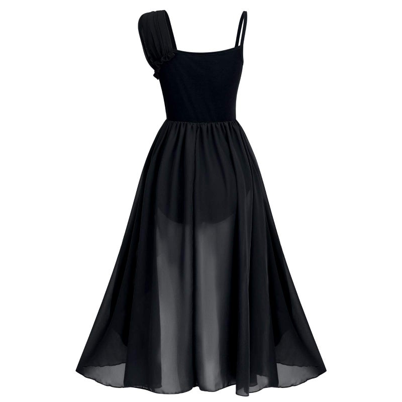 ODASDO Women Lyrical Dance Dress Modern Contemporary Ballet Costume Ballroom Dancewear Flower Applique Shiny Sequins Spaghetti Strap Asymmetric Chiffon Flowy Skirt Tank Bodysuit Clothes Black XS - Image 4