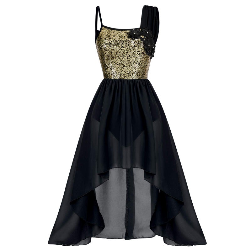 ODASDO Women Lyrical Dance Dress Modern Contemporary Ballet Costume Ballroom Dancewear Flower Applique Shiny Sequins Spaghetti Strap Asymmetric Chiffon Flowy Skirt Tank Bodysuit Clothes Black XS - Image 1