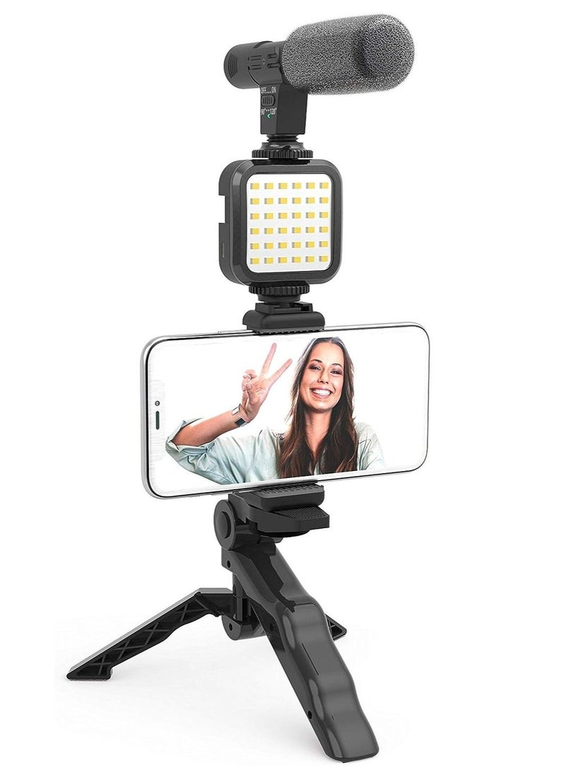 BGM Vlogging Like Me LED Video Light + Microphone + Mobile Phone Holder + Hand Grip Mini Tripod Compatible with Smartphones for TikTok, Youtube, Live Streaming and Meetings  - Image 1