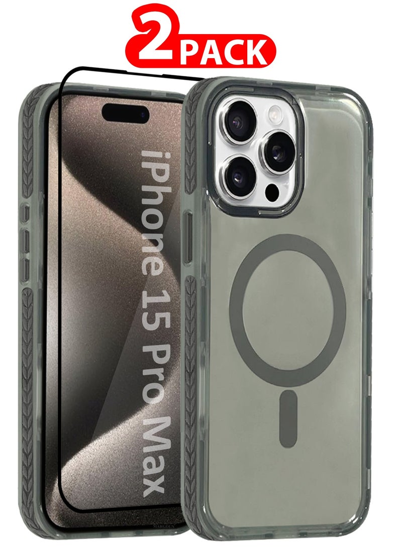 CATANES (for iPhone 15 Pro Max) 2Packs Hard PC Magsafe Case Cover Polycarbonate Magnetic Strong Shockproof Protective Case Cover Transparent - Grey Color - Image 1