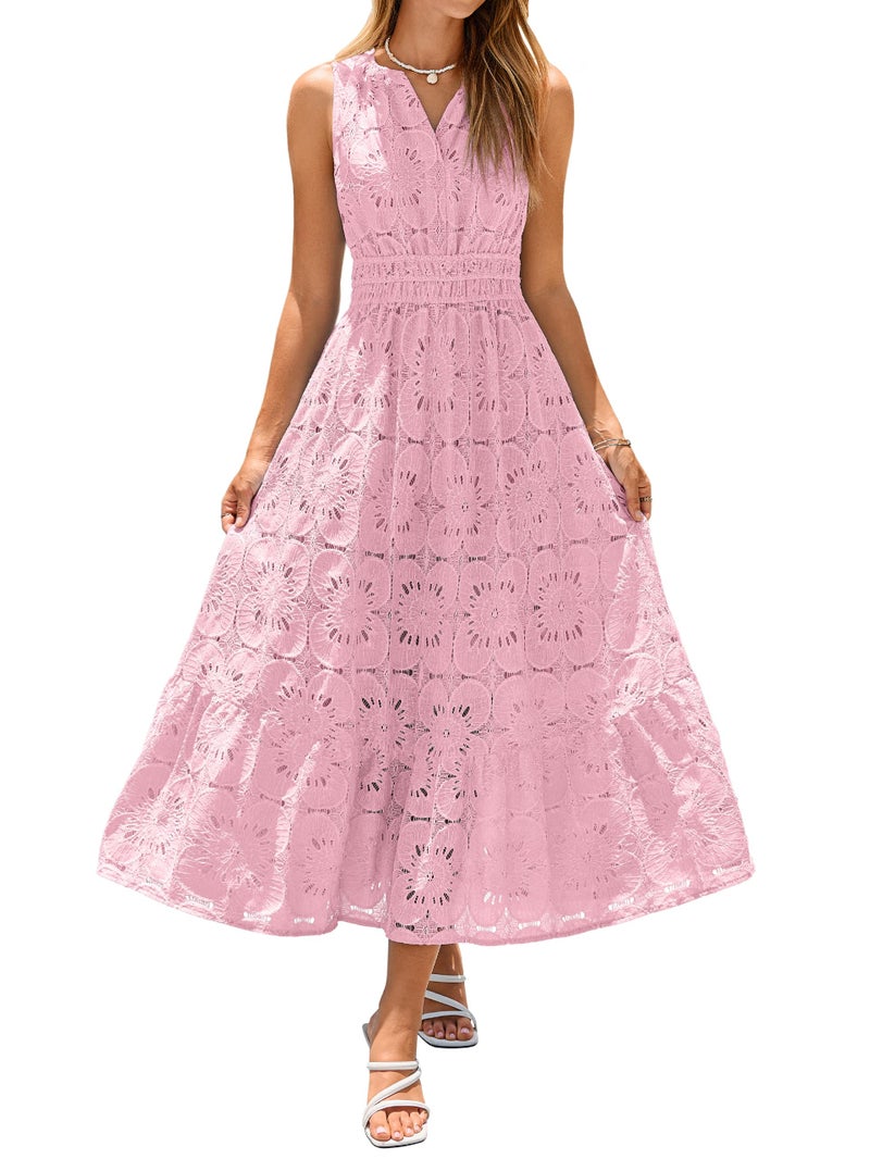 Simplee Women Summer Lace Eyelet Maxi Dress 2026 Sleeveless Casual V Neck A Line Boho Flowy Beach Wedding Guest Long Dresses Pink L - Image 1