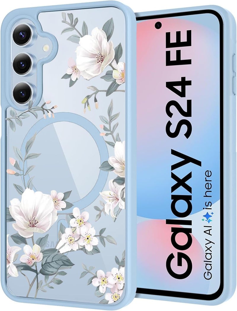 VONZEE Compatible with Samsung Galaxy S24 FE 5G Case Luxury Retro Flowers Floral Clear for Magnetic Wireless Charging Case Shockproof Case PC+TPU Cute Glossy Shiny Cover for Girls Women, Official Blue - Image 1