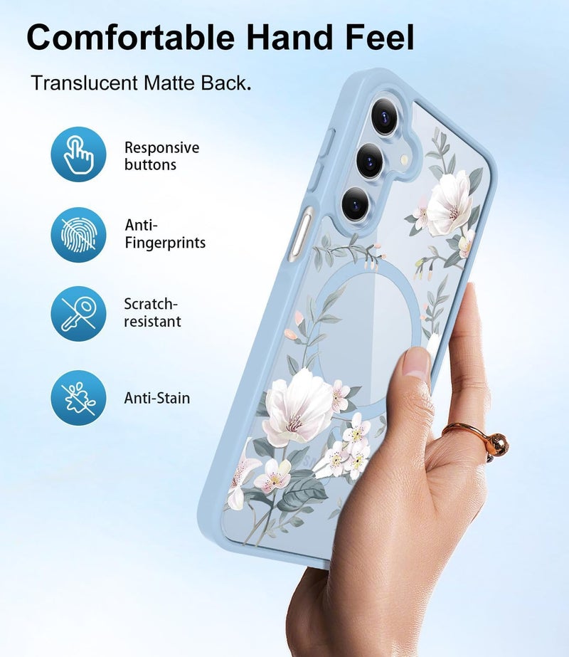 VONZEE Compatible with Samsung Galaxy S24 FE 5G Case Luxury Retro Flowers Floral Clear for Magnetic Wireless Charging Case Shockproof Case PC+TPU Cute Glossy Shiny Cover for Girls Women, Official Blue - Image 4