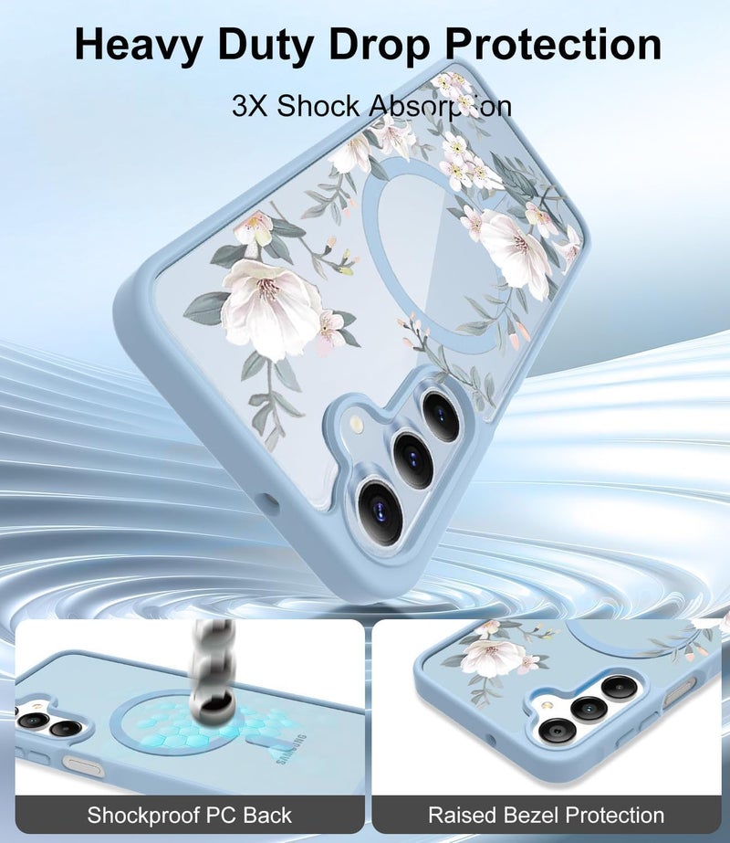 VONZEE Compatible with Samsung Galaxy S24 FE 5G Case Luxury Retro Flowers Floral Clear for Magnetic Wireless Charging Case Shockproof Case PC+TPU Cute Glossy Shiny Cover for Girls Women, Official Blue - Image 3