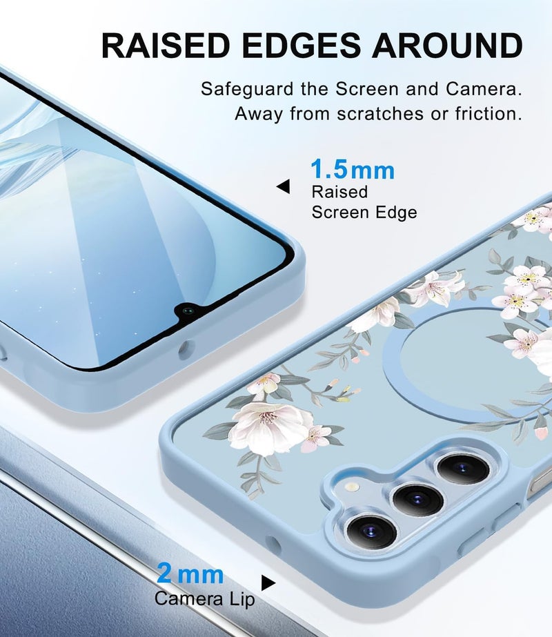VONZEE Compatible with Samsung Galaxy S24 FE 5G Case Luxury Retro Flowers Floral Clear for Magnetic Wireless Charging Case Shockproof Case PC+TPU Cute Glossy Shiny Cover for Girls Women, Official Blue - Image 5