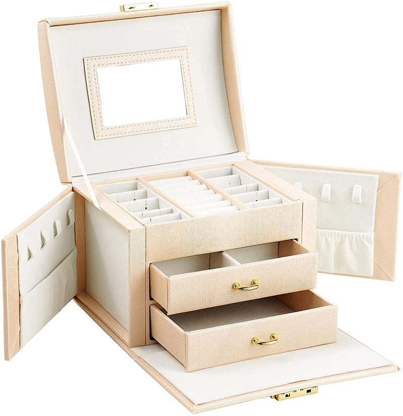 SIBY Leather Small 3 Layer Jewelry Box Organizer with Mirror Lock Drawer Ring Earring Jewelry Storage box(1Pc, Only Peach Color,17.5x13.5x12.5cm) - Image 1