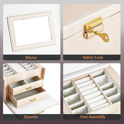 SIBY Leather Small 3 Layer Jewelry Box Organizer with Mirror Lock Drawer Ring Earring Jewelry Storage box(1Pc, Only Peach Color,17.5x13.5x12.5cm) - Image 5
