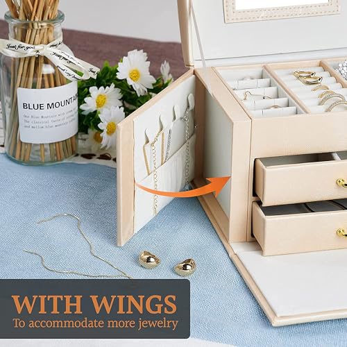 SIBY Leather Small 3 Layer Jewelry Box Organizer with Mirror Lock Drawer Ring Earring Jewelry Storage box(1Pc, Only Peach Color,17.5x13.5x12.5cm) - Image 3