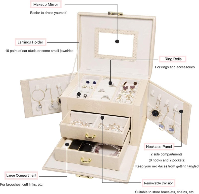 SIBY Leather Small 3 Layer Jewelry Box Organizer with Mirror Lock Drawer Ring Earring Jewelry Storage box(1Pc, Only Peach Color,17.5x13.5x12.5cm) - Image 2