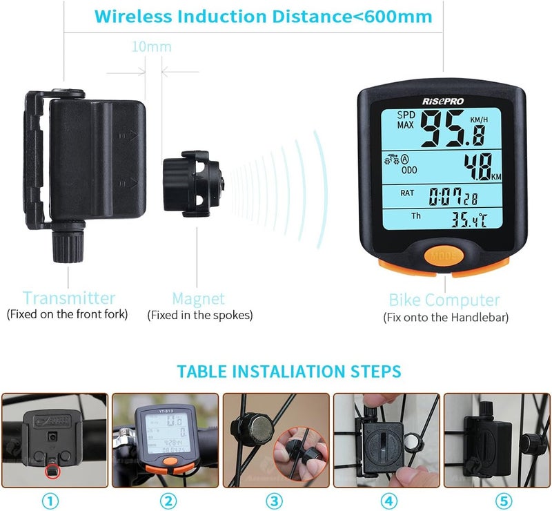 RISEPRO Bike Computer, ® Wireless Bicycle Speedometer Bike Odometer Cycling Multi Function Waterproof 4 Line Display with Backlight YT-813 - Image 5