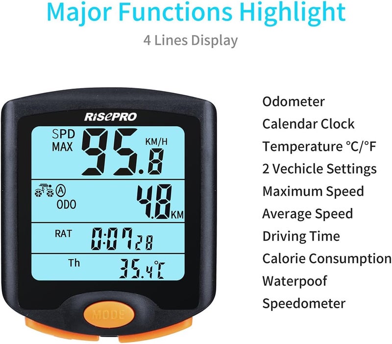 RISEPRO Bike Computer, ® Wireless Bicycle Speedometer Bike Odometer Cycling Multi Function Waterproof 4 Line Display with Backlight YT-813 - Image 3
