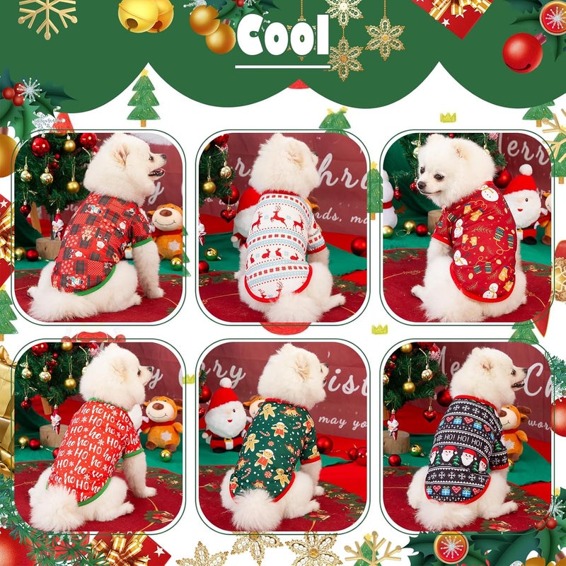 KATOLK 6 Pieces Christmas Dog Clothes for Small Dogs, Soft and Breathable Pet Shirt, Winter Puppy Kitten Vest Printed Dogs Shirts, Christmas Snowman Santa Claus Reindeer Dog T-Shirts for Pet Cats - Image 3