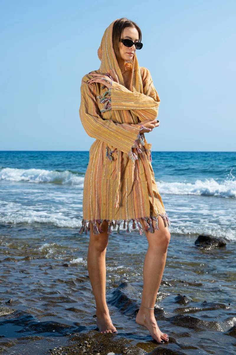 Hierapolis HomeTex Peshtemal Bathrobe-Beach Dress-Pareo - Fringed Popnlu Peshtemal Bathrobe