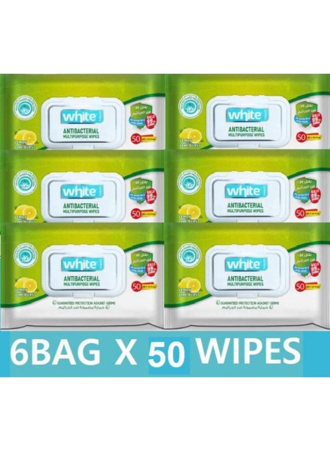 وايت 6 عبوه من مناديل بيضاء مضادة للبكتيريا متعددة الاستخدامات ٥٠ منديلًا رائحة منعشة ونظيفة برائحة الليمون والليمون الحامض المنعشة. - Image 1