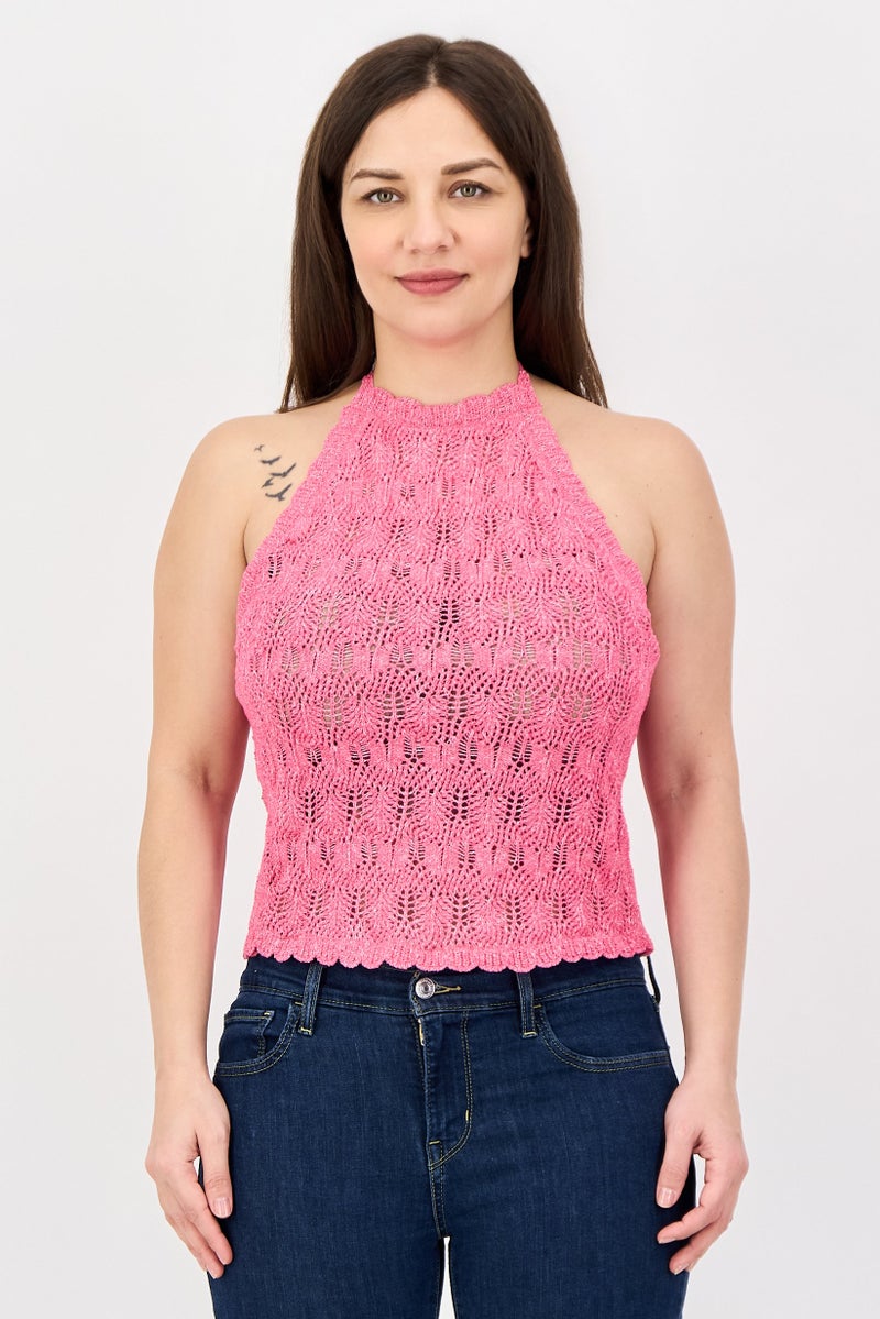 promod Women Halter Neck Crochet Tank Top, Pink - Image 1