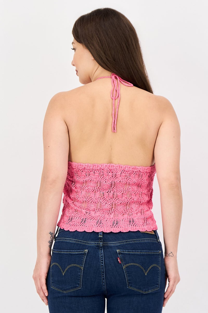 promod Women Halter Neck Crochet Tank Top, Pink - Image 3