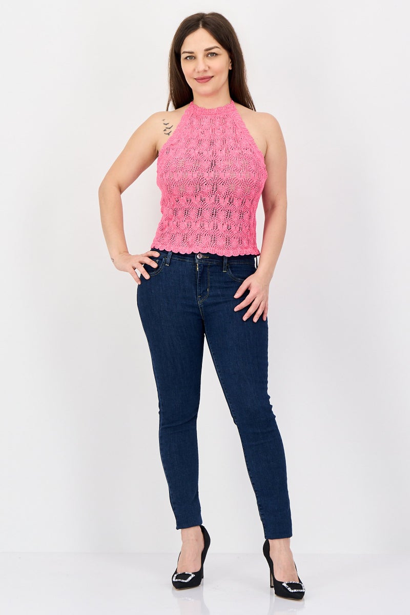 promod Women Halter Neck Crochet Tank Top, Pink - Image 4