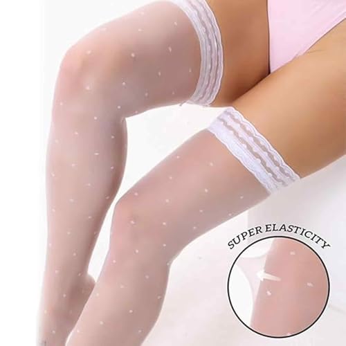 FFZDENA 2 Pairs Stockings for Women, Thigh High Stockings with Lace and Polka Dot Design, Stylish Stocking for Women Skin Tone, Elegant Office (Black+White) - Image 3