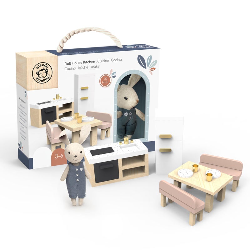 SPEEDY MONKEY Doll House Kitchen Playset with Bunny  Miniature FSC Wooden Kitchen Furniture Set  Dining Table 4 Chairs Fridge  Accessories  Pretend Play Doll House Decor Toy for Kids  Girls - Image 3