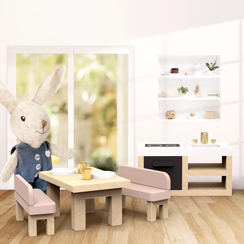 SPEEDY MONKEY Doll House Kitchen Playset with Bunny  Miniature FSC Wooden Kitchen Furniture Set  Dining Table 4 Chairs Fridge  Accessories  Pretend Play Doll House Decor Toy for Kids  Girls - Image 5