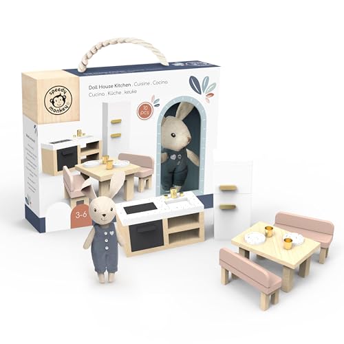 SPEEDY MONKEY Doll House Kitchen Playset with Bunny  Miniature FSC Wooden Kitchen Furniture Set  Dining Table 4 Chairs Fridge  Accessories  Pretend Play Doll House Decor Toy for Kids  Girls - Image 1