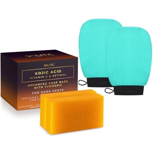 VALITIC 2 Pack Kojic Acid Vitamin C & Retinol Soap Bars for Dark Spot Bundle with 2 Turquoise Exfoliating Gloves for Body Scrubs - Image 1