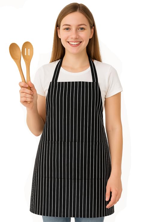 CRAZYWEAVES Black & White Vertical Stripe Apron – Cotton Cooking Apron with Front Pocket, Adjustable Bib Style, Unisex Kitchen, BBQ & Baking Wear - Image 5