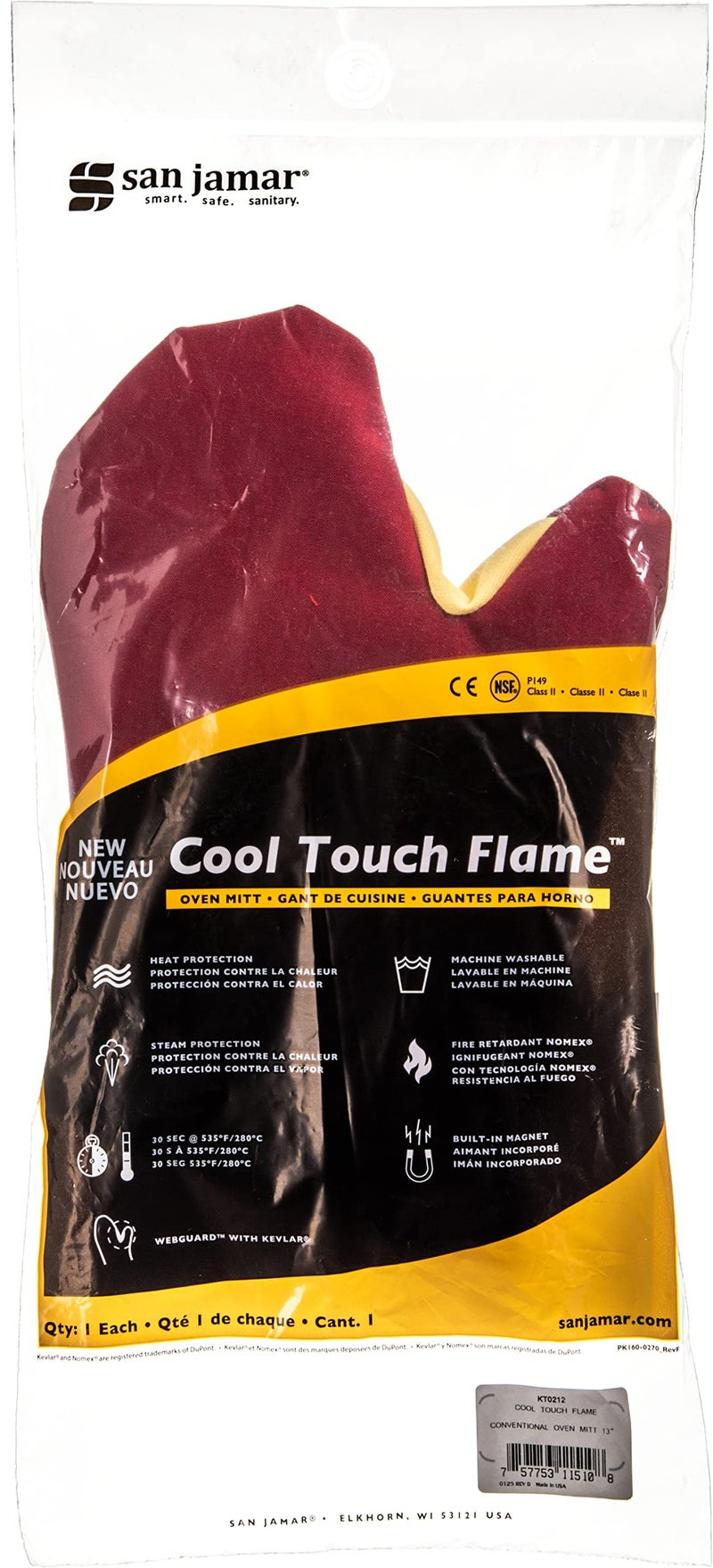 San Jamar KT0212 Cool Touch Flame Conventional High Heat Intermittent Flame Protection up to 900°F Oven Mitt, 13 inch Length, Red - Image 4