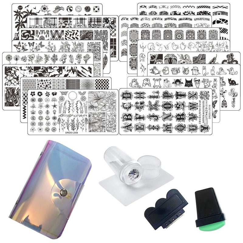 VNC 21 Pcs Nail Stamp Plates Set 16 Plate 2Stamper and 2 Scraper 1storage Bag Nails Art Stamping Plate Scraper Stamper Set Leaves Flowers Animal Nail Plate Template Image Plate Set - Image 5