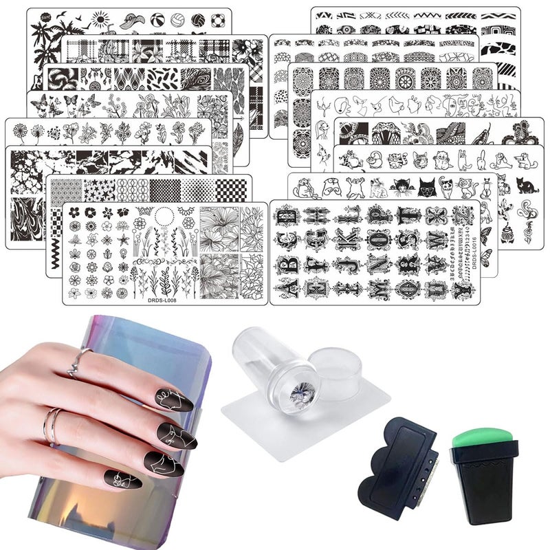 VNC 21 Pcs Nail Stamp Plates Set 16 Plate 2Stamper and 2 Scraper 1storage Bag Nails Art Stamping Plate Scraper Stamper Set Leaves Flowers Animal Nail Plate Template Image Plate Set - Image 1