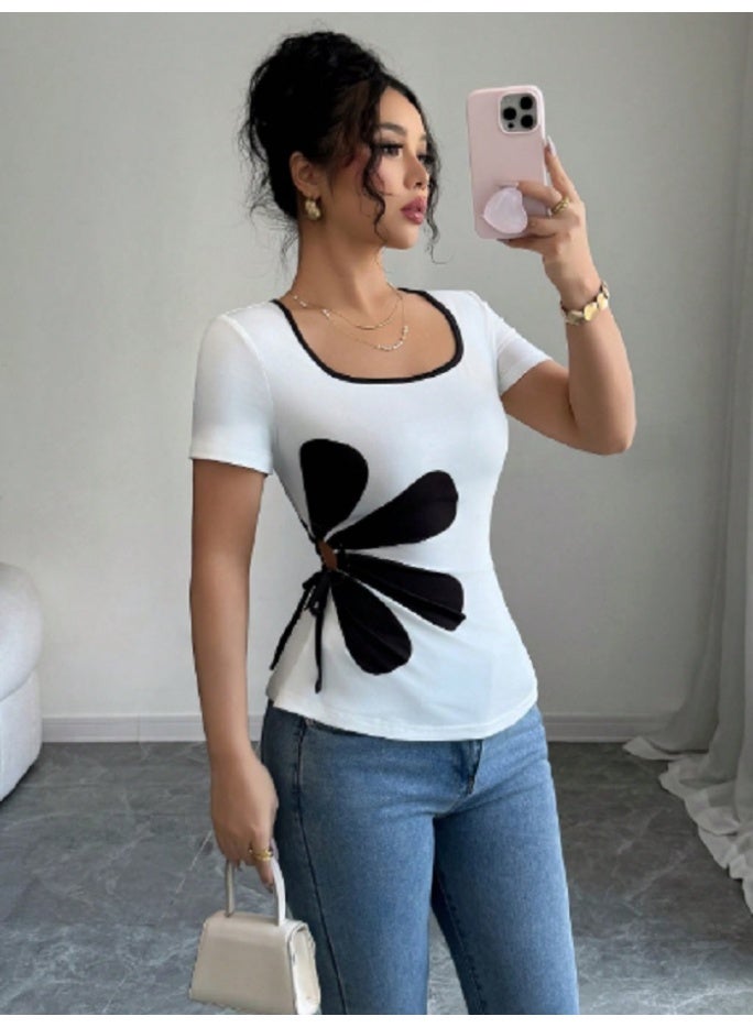 Shein Chiquease Square Neck Black & White Floral Print Drawstring T-Shirt  - Image 1