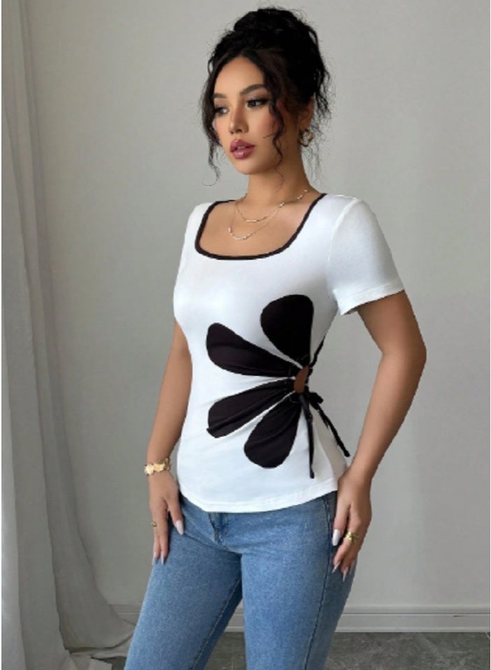 Shein Chiquease Square Neck Black & White Floral Print Drawstring T-Shirt  - Image 5