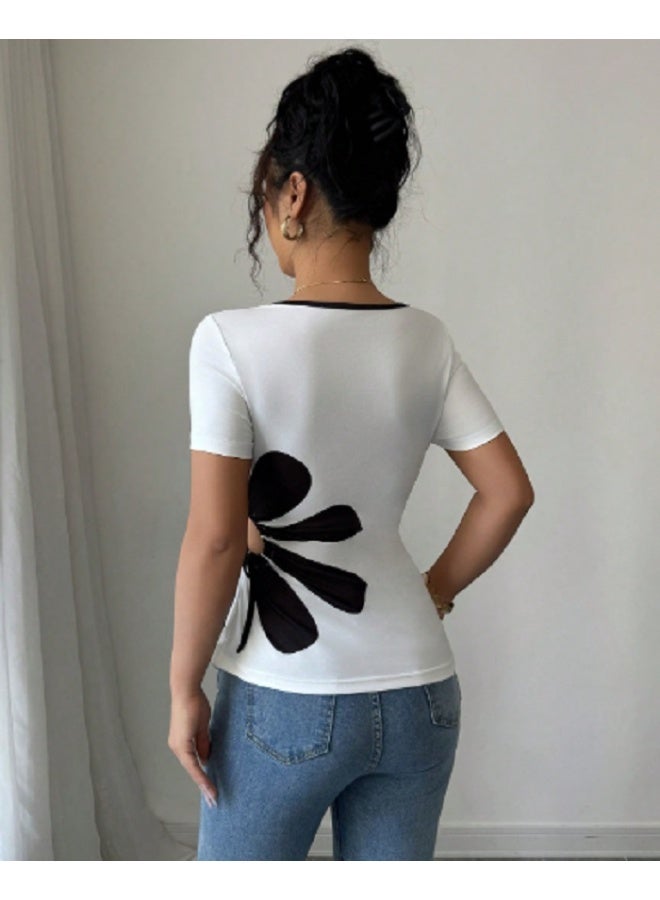 Shein Chiquease Square Neck Black & White Floral Print Drawstring T-Shirt  - Image 4
