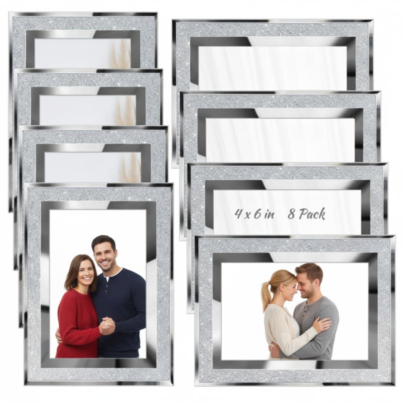Qunclay 8 Pcs 4 x 6 Inch Silver Picture Frames Bulk Small Glitter Glass Photo Frame for Tabletop Display Wedding Birthday Valentine's Day Gifts, Bling Edge, Horizontally or Vertically - Image 1