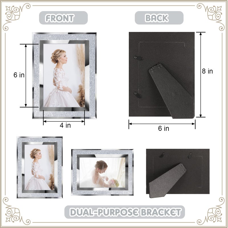 Qunclay 8 Pcs 4 x 6 Inch Silver Picture Frames Bulk Small Glitter Glass Photo Frame for Tabletop Display Wedding Birthday Valentine's Day Gifts, Bling Edge, Horizontally or Vertically - Image 2