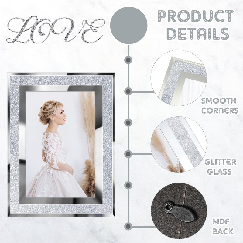 Qunclay 8 Pcs 4 x 6 Inch Silver Picture Frames Bulk Small Glitter Glass Photo Frame for Tabletop Display Wedding Birthday Valentine's Day Gifts, Bling Edge, Horizontally or Vertically - Image 3