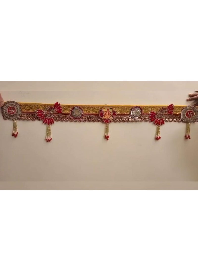 Diwali decor / 60 inches /Traditional Red and Golden Toran with Lotus Motifs & Hanging Beads – Decorative Door Hanging for Home, Temple & Festive Décor - Image 1