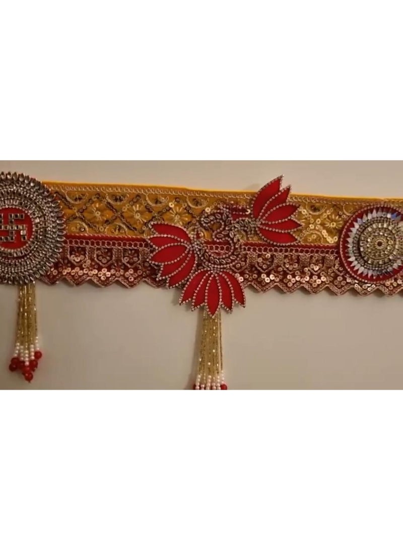 Diwali decor / 60 inches /Traditional Red and Golden Toran with Lotus Motifs & Hanging Beads – Decorative Door Hanging for Home, Temple & Festive Décor - Image 2