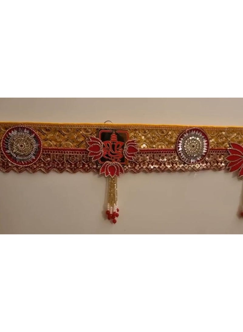 Diwali decor / 60 inches /Traditional Red and Golden Toran with Lotus Motifs & Hanging Beads – Decorative Door Hanging for Home, Temple & Festive Décor - Image 3