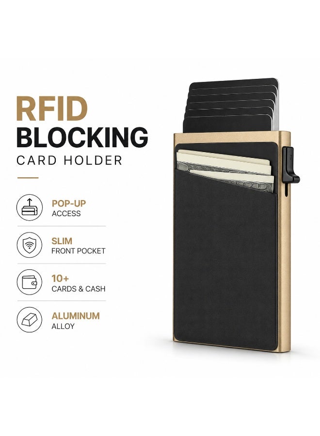 Credit Card Holder RFID Blocking Pop Up Aluminum Alloy Card Holder Slim Front Pocket Wallet Gold - Image 1