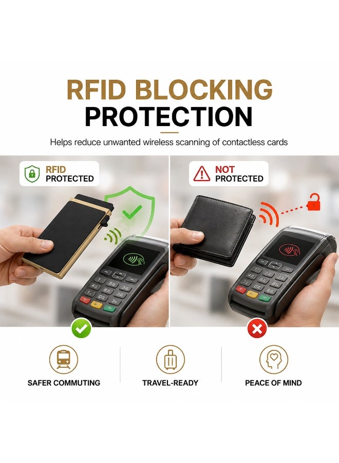 Credit Card Holder RFID Blocking Pop Up Aluminum Alloy Card Holder Slim Front Pocket Wallet Gold - Image 4