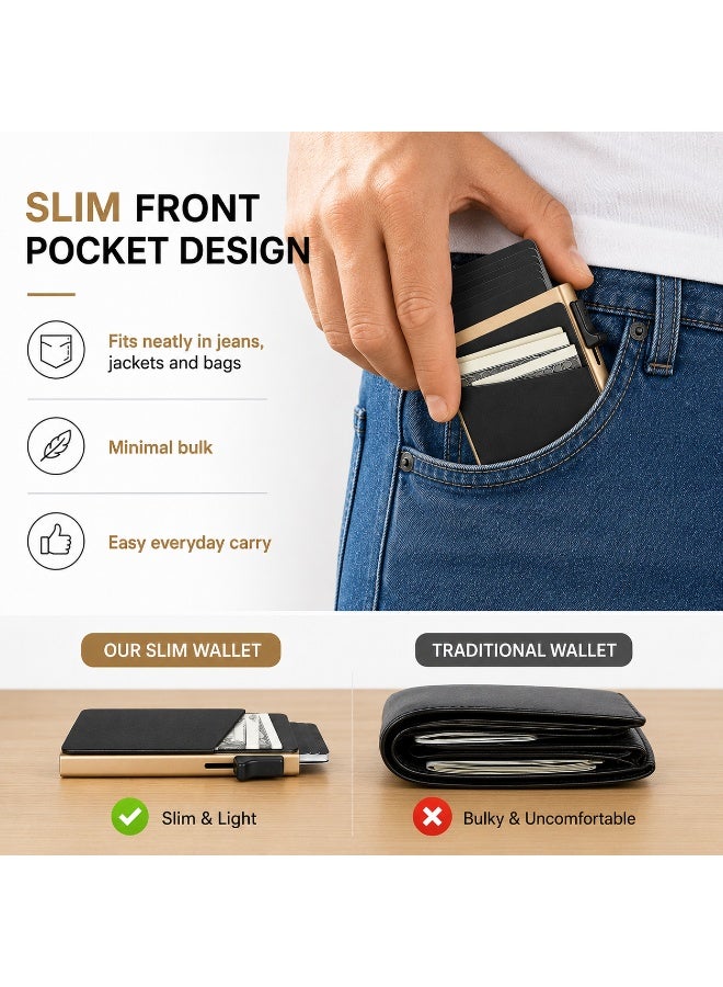 Credit Card Holder RFID Blocking Pop Up Aluminum Alloy Card Holder Slim Front Pocket Wallet Gold - Image 5