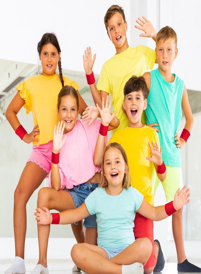 Bememo 24 Pcs Neon Wristbands for Kids End of The Year Student Gifts Bulk Tennis Wrist Sweatbands 80s Neon Youth Basketball Wrist Bands for Boys Girls 90s Glow Party School Supplies(Red) - Image 4