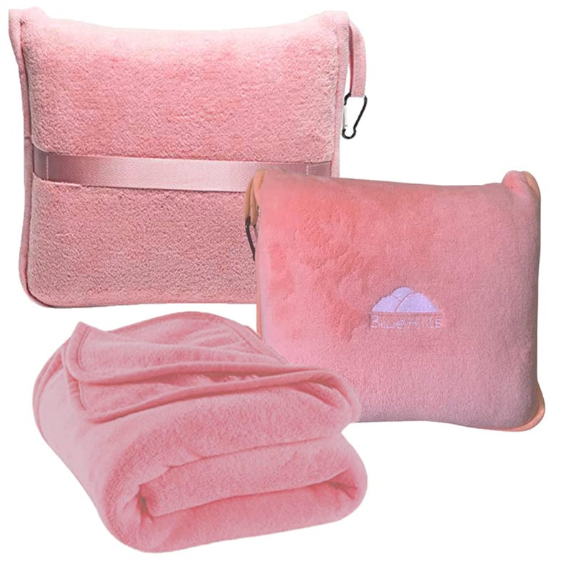 BlueHills Premium Soft Travel Blanket Pillow Airplane Blanket in Soft Bag case with Hand Luggage Belt and Carabiner Compact Pack Large Cozy Portable for Plane Car Train Transit Light Pink T020