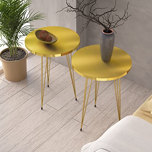 PAK HOME Set of 2 High Gloss Gold End Tables Round Wood Sofa Side Coffee Tables for Small Spaces Nightstand Bedside Table with Metal Legs for Bedroom Living Room Office Balcony