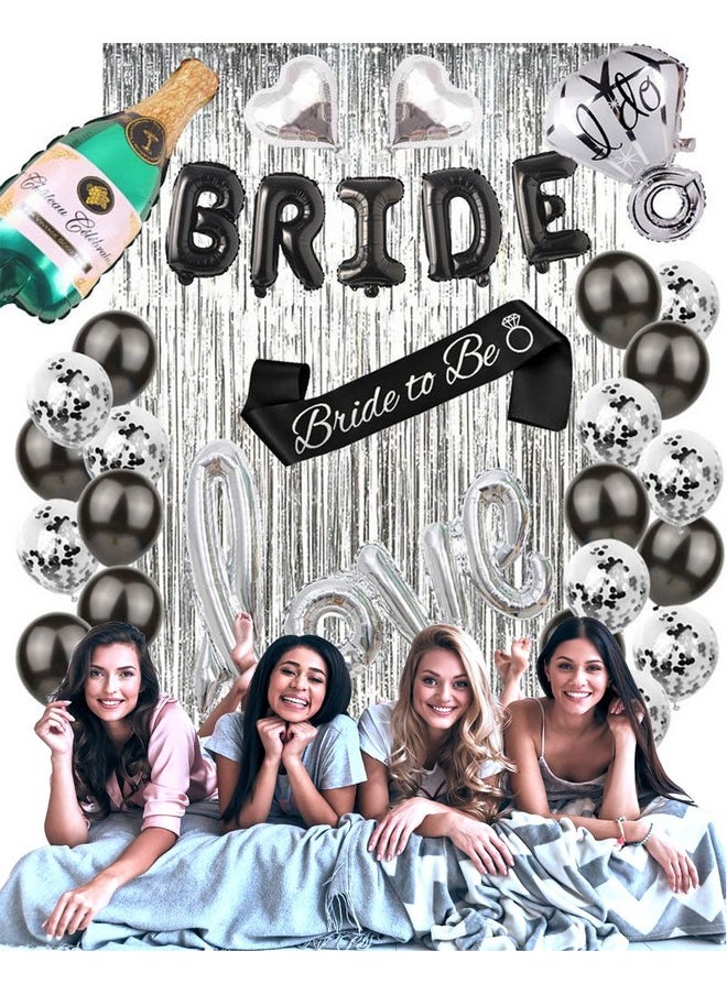 Bachelorettesy - 28Pc Bachelorette Party Decorations Kit For Bride To Be Bridal Shower Decorations Engagement Party Balloons Sash Foil Backdrop Curtain (Black) - Image 1