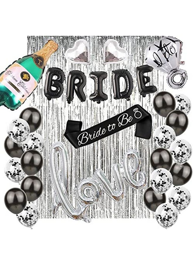 Bachelorettesy - 28Pc Bachelorette Party Decorations Kit For Bride To Be Bridal Shower Decorations Engagement Party Balloons Sash Foil Backdrop Curtain (Black) - Image 1